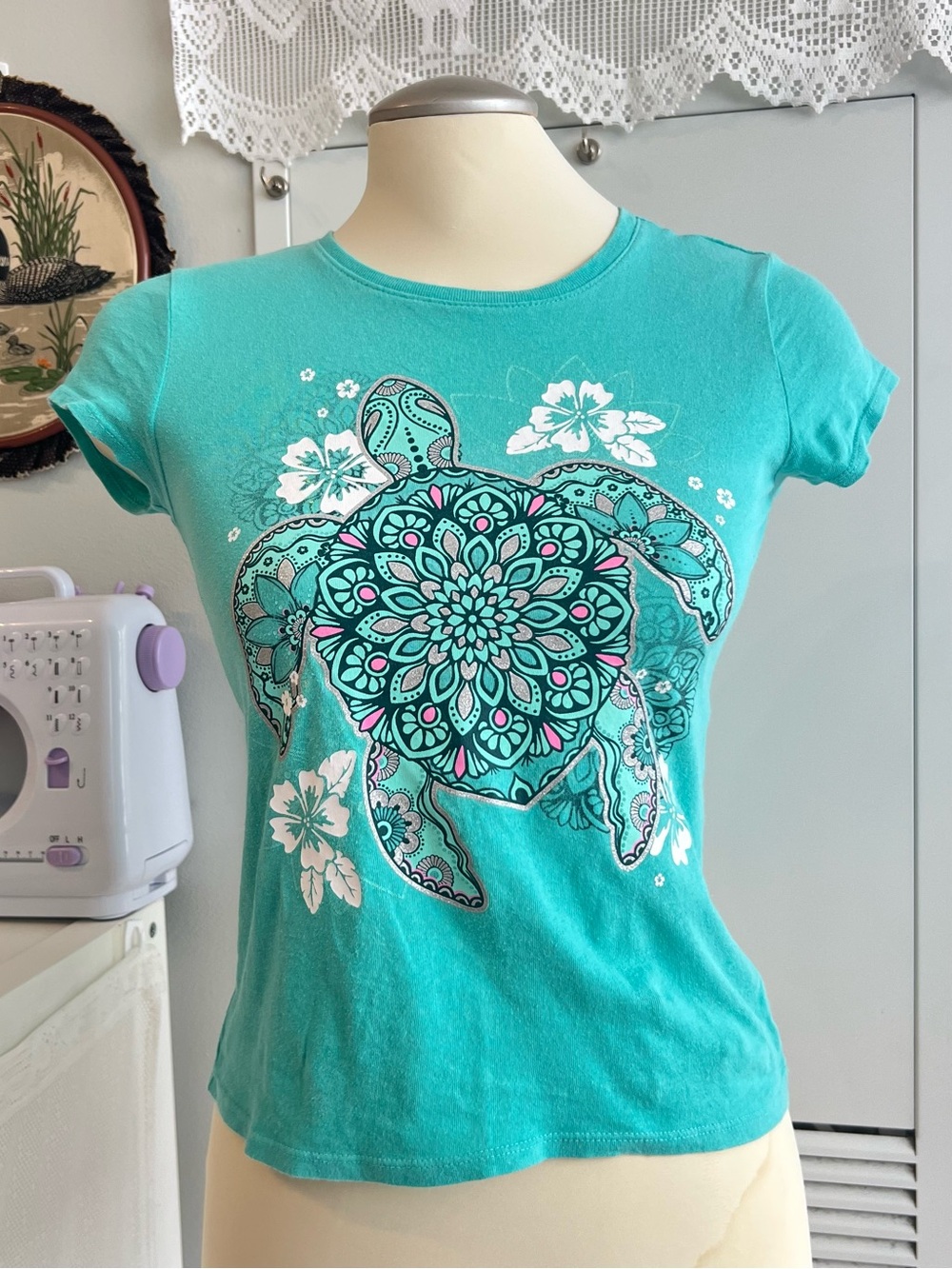 Blue teal turquoise Place baby tee with turtle and floral design